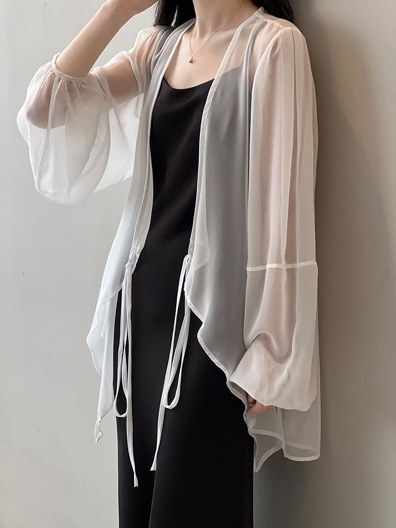 [Korean Style] Chiffon Ruffle Drawstring See-through Cover Shirts