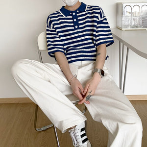 [Korean Style] 2 Colors Knitted Stripe Polo Shirts