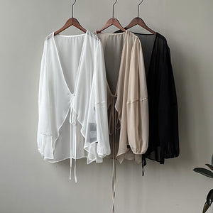 [Korean Style] Chiffon Ruffle Drawstring See-through Cover Shirts