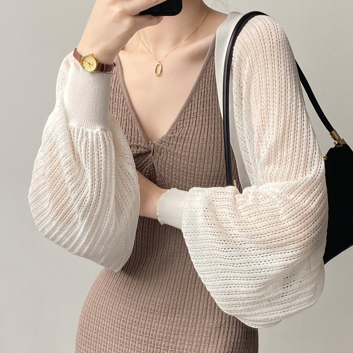[Korean Style] 2 Colors Puff Sleeve Cropped Cardigan