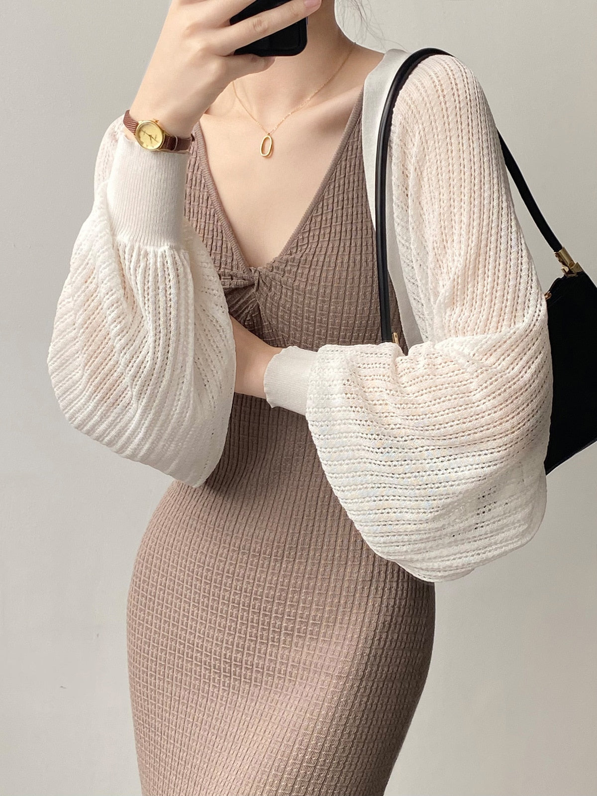 [Korean Style] 2 Colors Puff Sleeve Cropped Cardigan