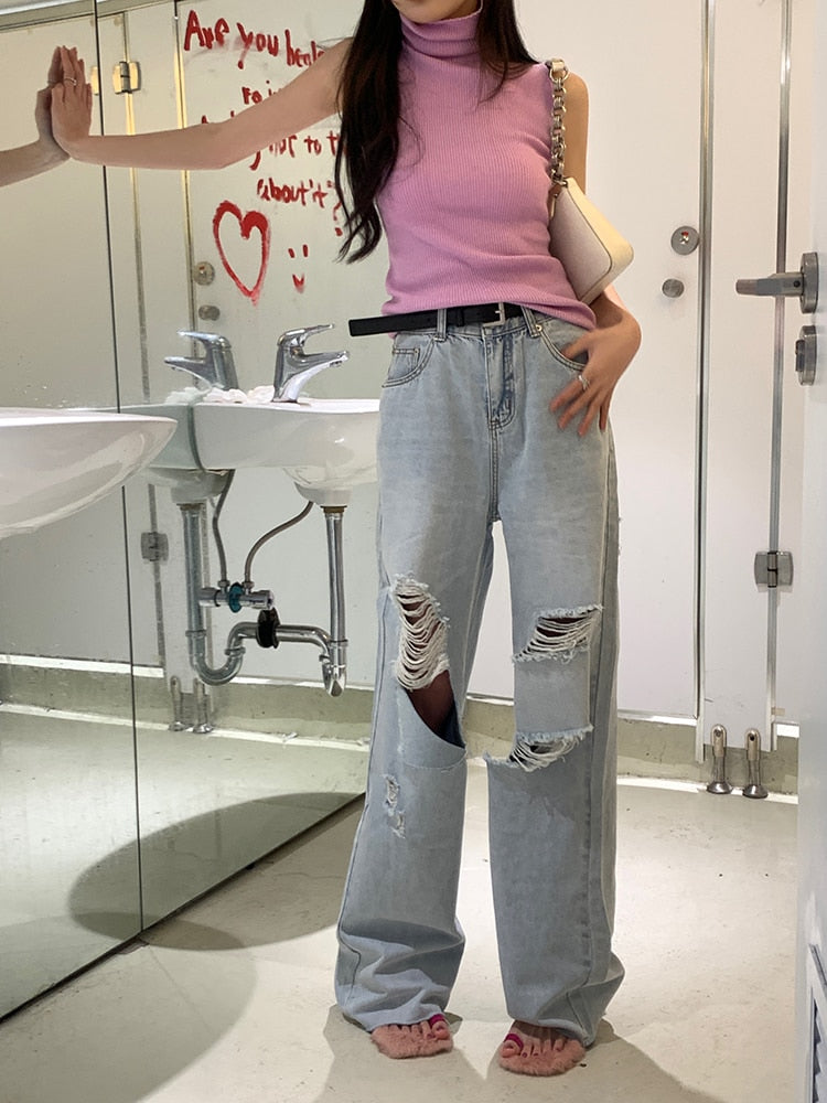 [Korean Style] Light Wash Wide Leg Straight Ripped Jeans