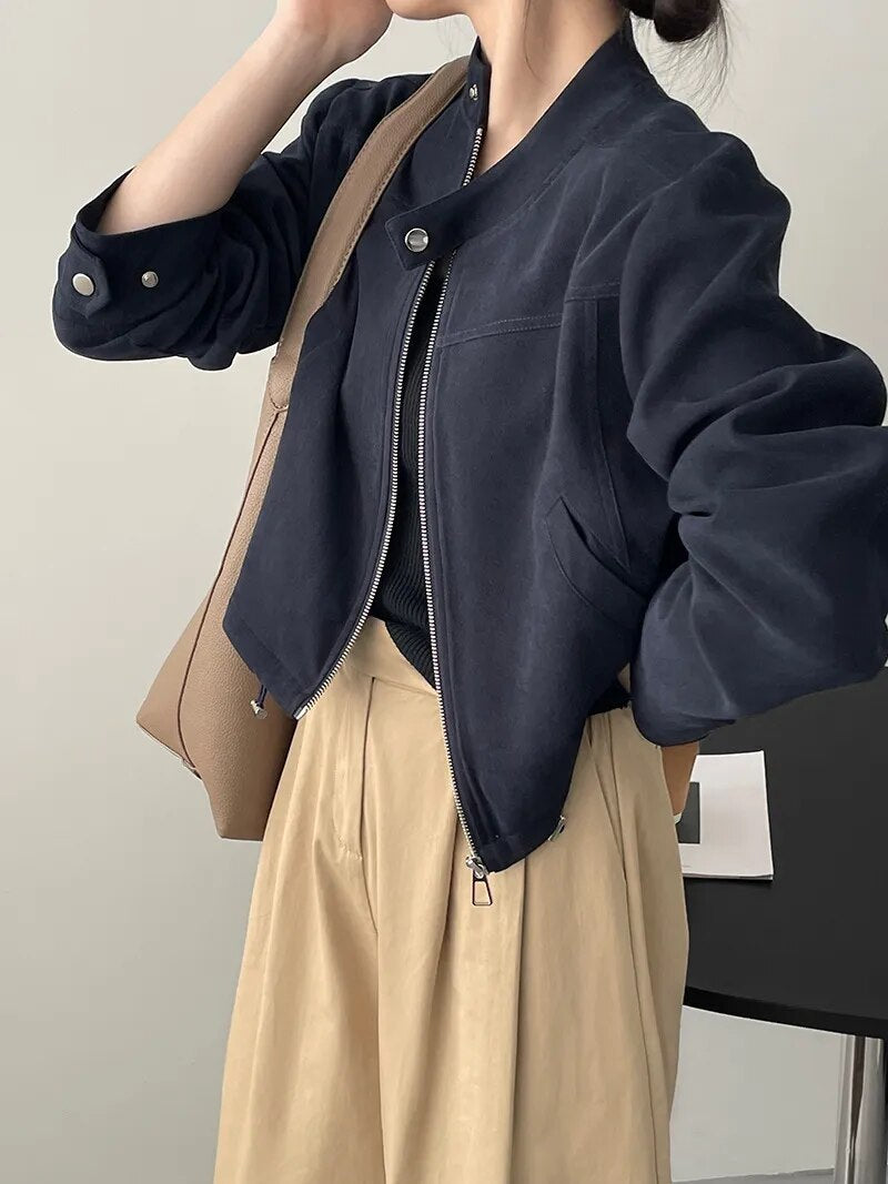 [Korean Style] Retro Stand Collar Drawstring Suede Zipper Short Jacket
