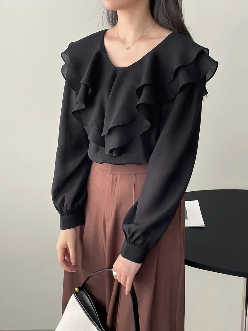 [Korean Style] Chic Solid Color Round Neck Ruffle Blouse
