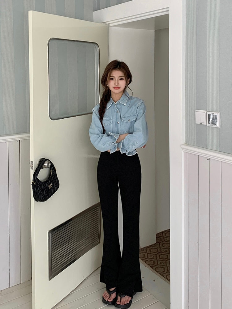 Fashion (Black Short)Plus Size Slit Black Flare Pants For Women Trousers  Korean Style Casual Office Lady Female High Waist Long Bell Bottom Pants  XXA @ Best Price Online