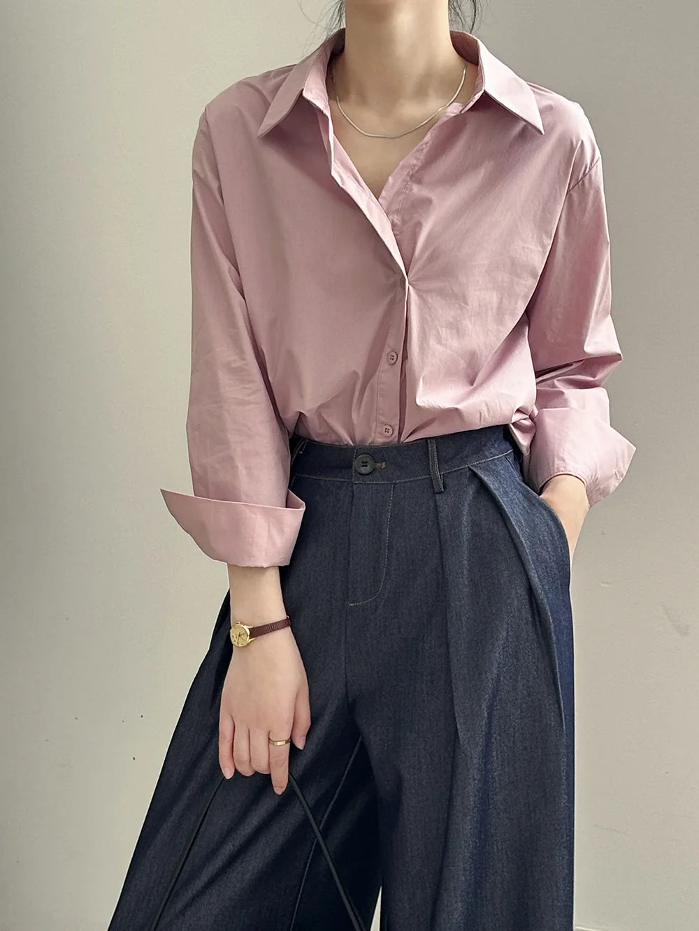 [Korean Style] Loose Fit Solid Color Irregular Button Down Shirt