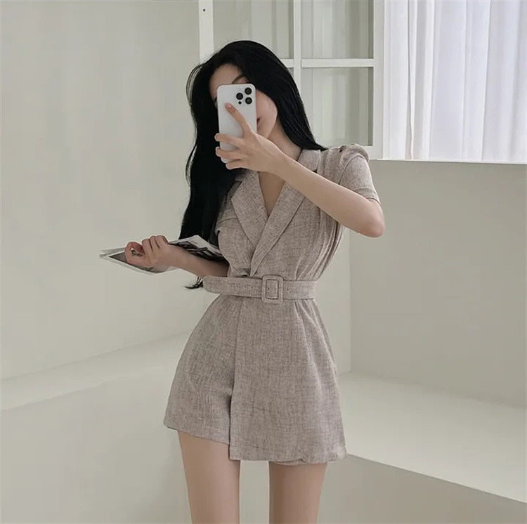 Korean Style] Puff Sleeve Belted Blazer Romper One Piece – Ordicle