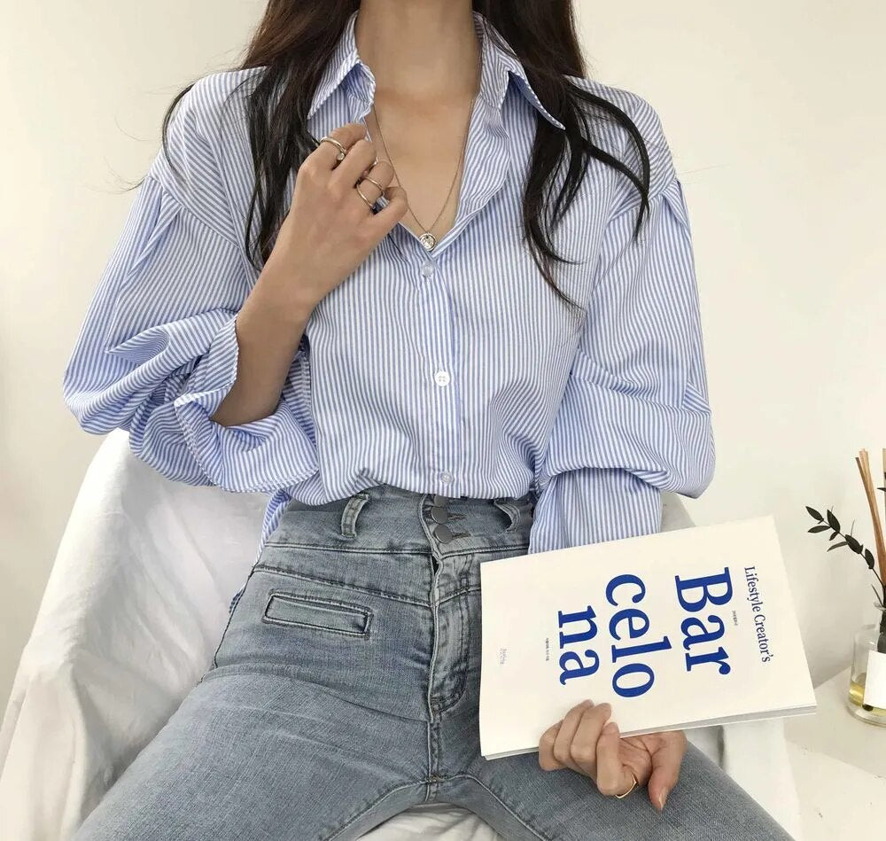 [Korean Style] Ruffled Sleeve Loose Fit Striped Shirts