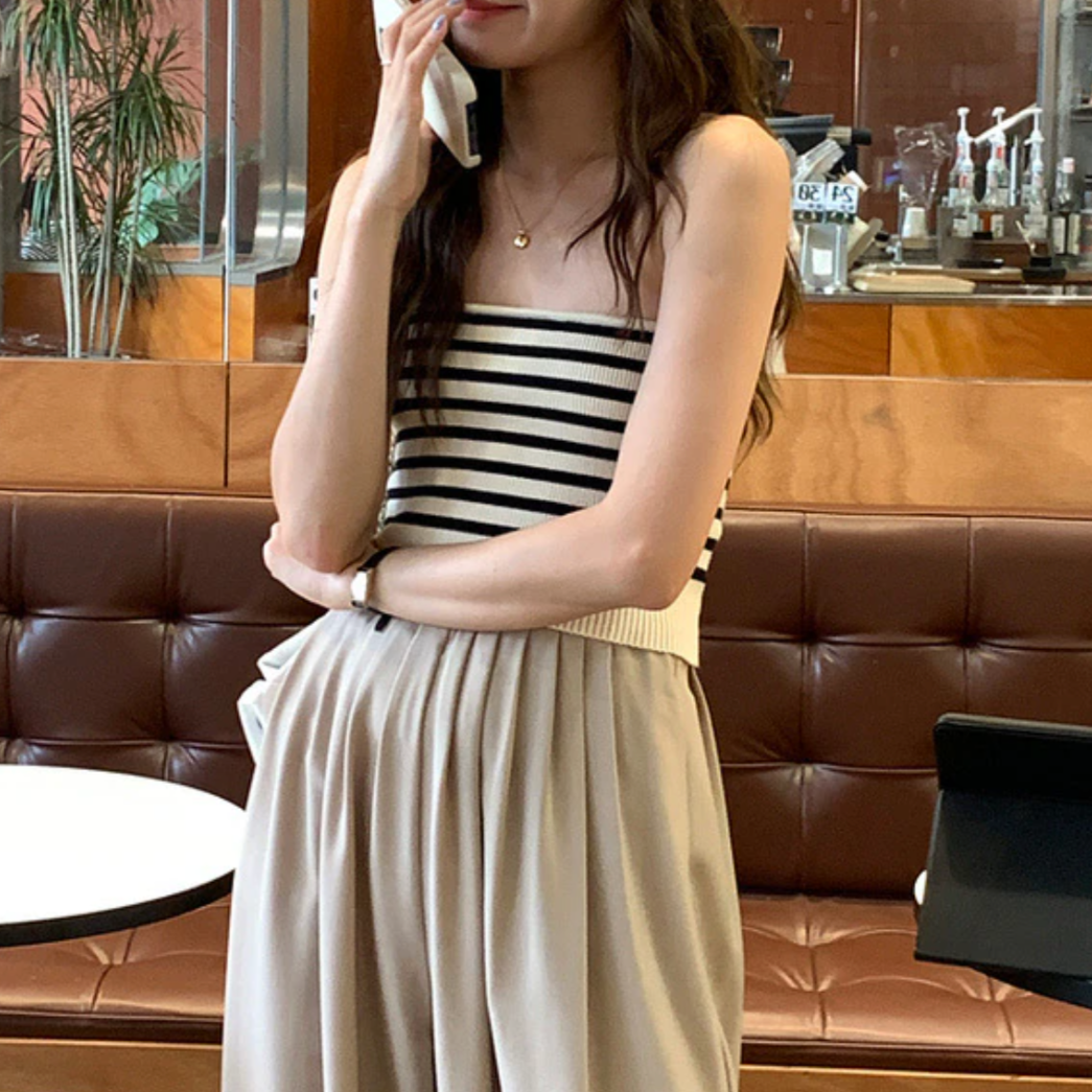 [Korean Style] Slim Fit Strapless Striped Knit Top