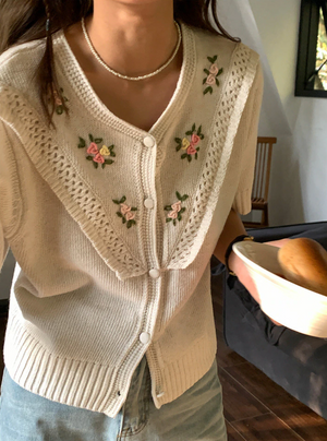 [Korean Style] Floral Embroidery Short Sleeve Cardigan Knit Top