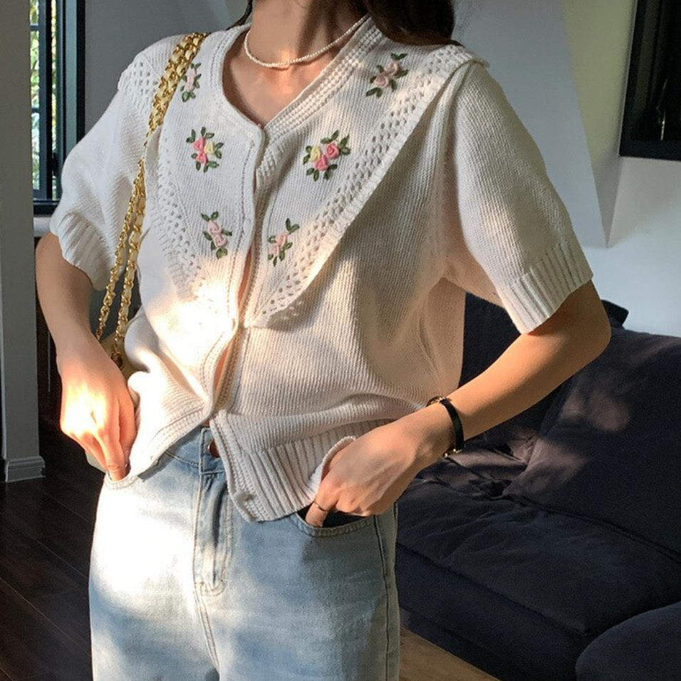 [Korean Style] Floral Embroidery Short Sleeve Cardigan Knit Top