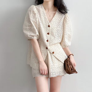 [Korean Style] French Lacey V-Neck Short Sleeve Blouse Shorts 2 pc Set