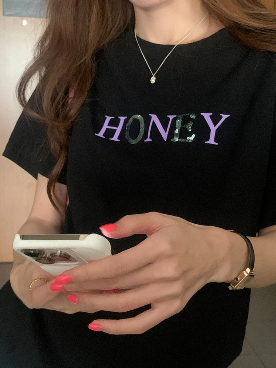 [Korean Style] 4 Colors Honey Text Graphic Box T-shirt