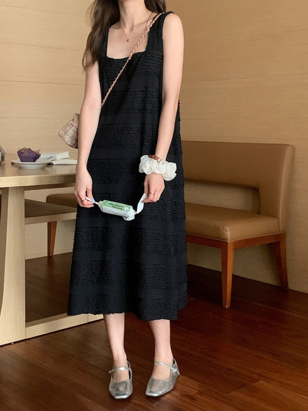 [Korean style] French Style Square Collar Textured Dress