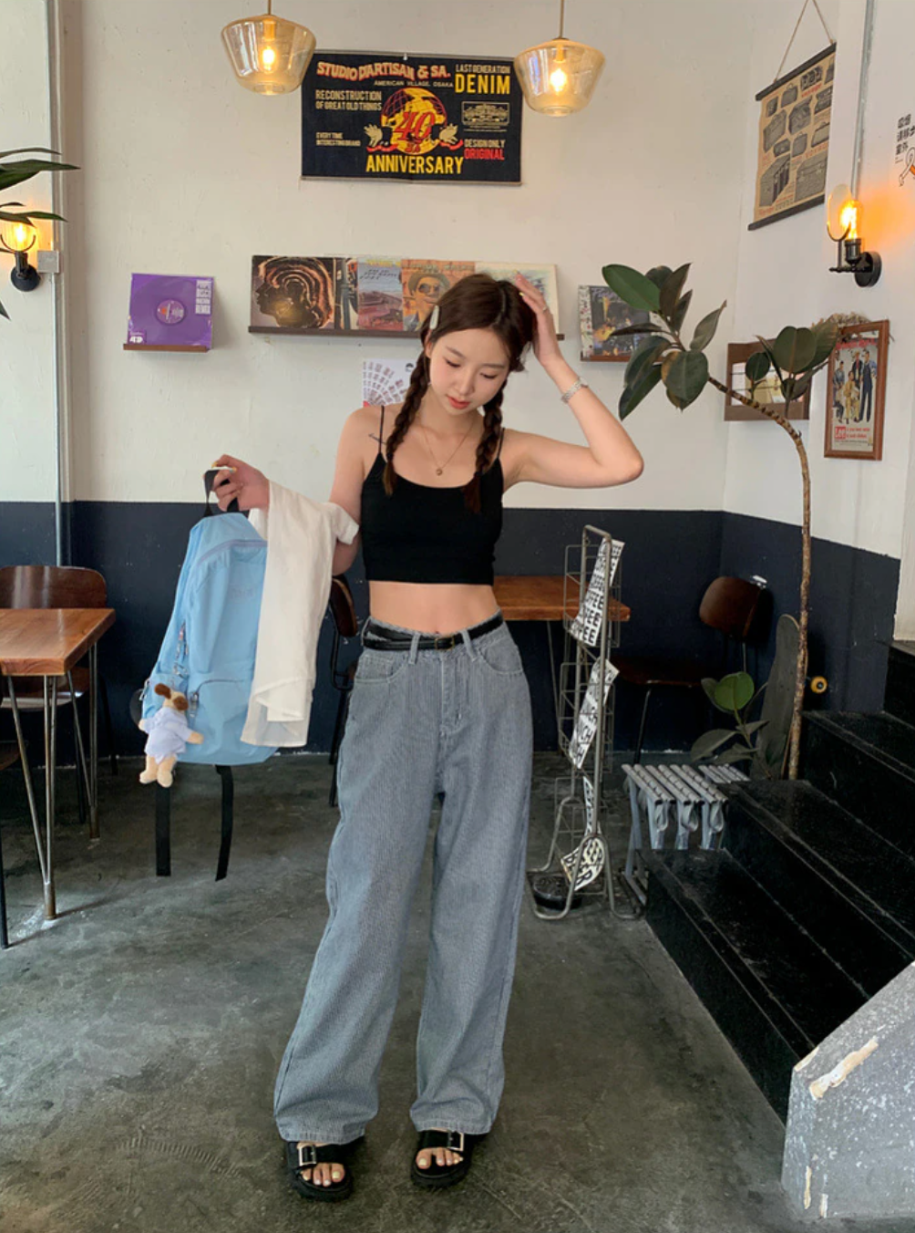 [Korean Style] Mid-waisted Stripe Wide Leg Jeans