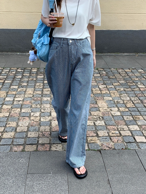 [Korean Style] Mid-waisted Stripe Wide Leg Jeans