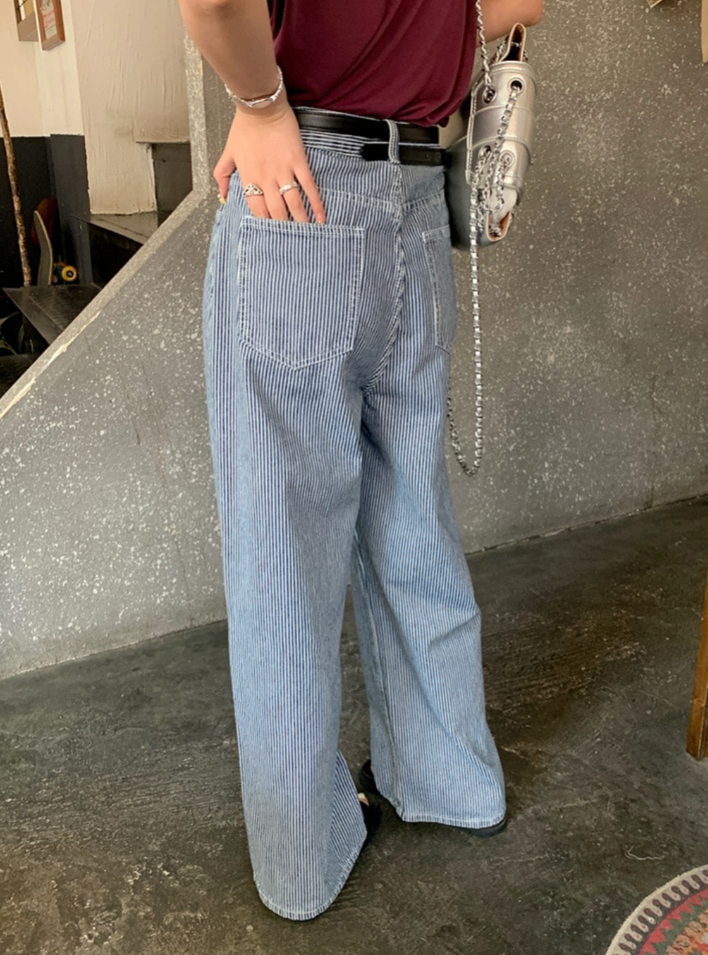 [Korean Style] Mid-waisted Stripe Wide Leg Jeans