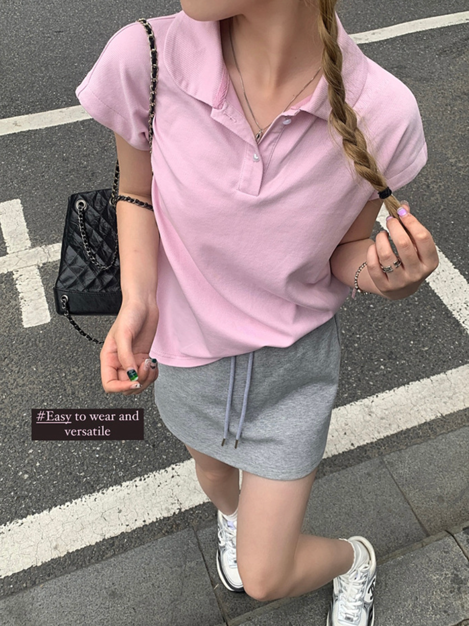 [Korean Style] Solid Color Cap Sleeve Polo Shirt