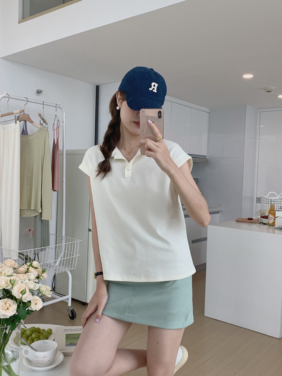 [Korean Style] Solid Color Cap Sleeve Polo Shirt