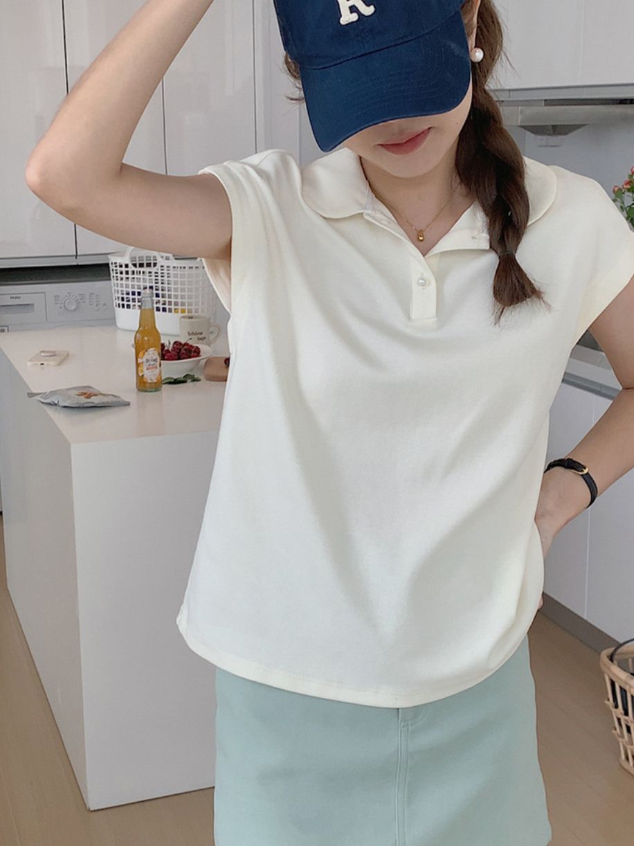 [Korean Style] Solid Color Cap Sleeve Polo Shirt