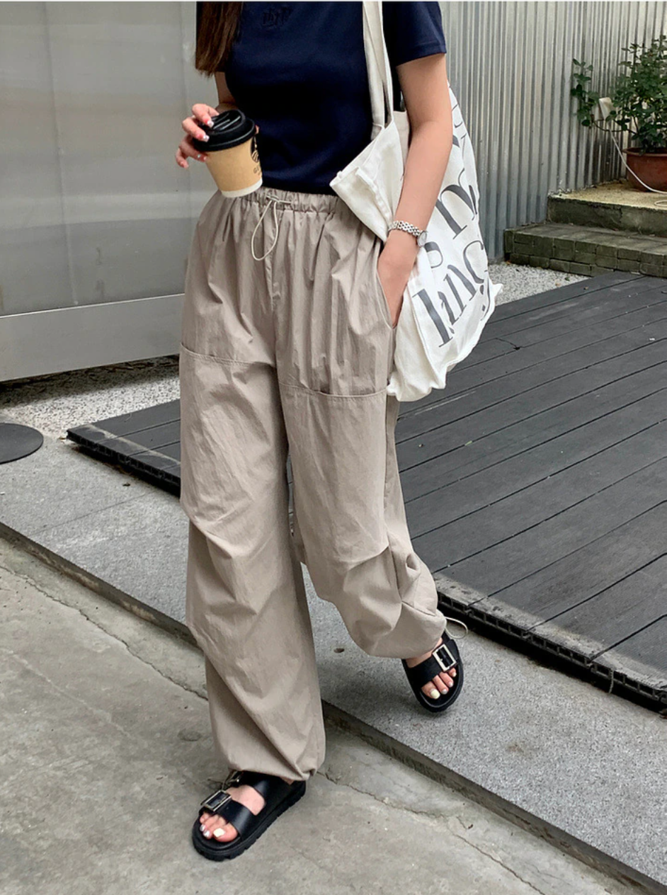 Korean Style] 3 Color Drawstring Wide Leg Pocket Cargo Pants – Ordicle