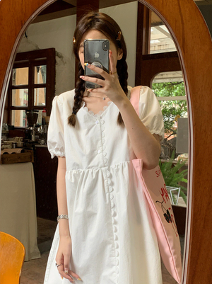 [Korean Style] Loose Fit Lace Trimmed V-Neck A-line Dress