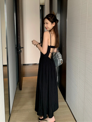 [Korean Style]  2 Colors Cut-out Open Back Spaghetti Strap Maxi Dress