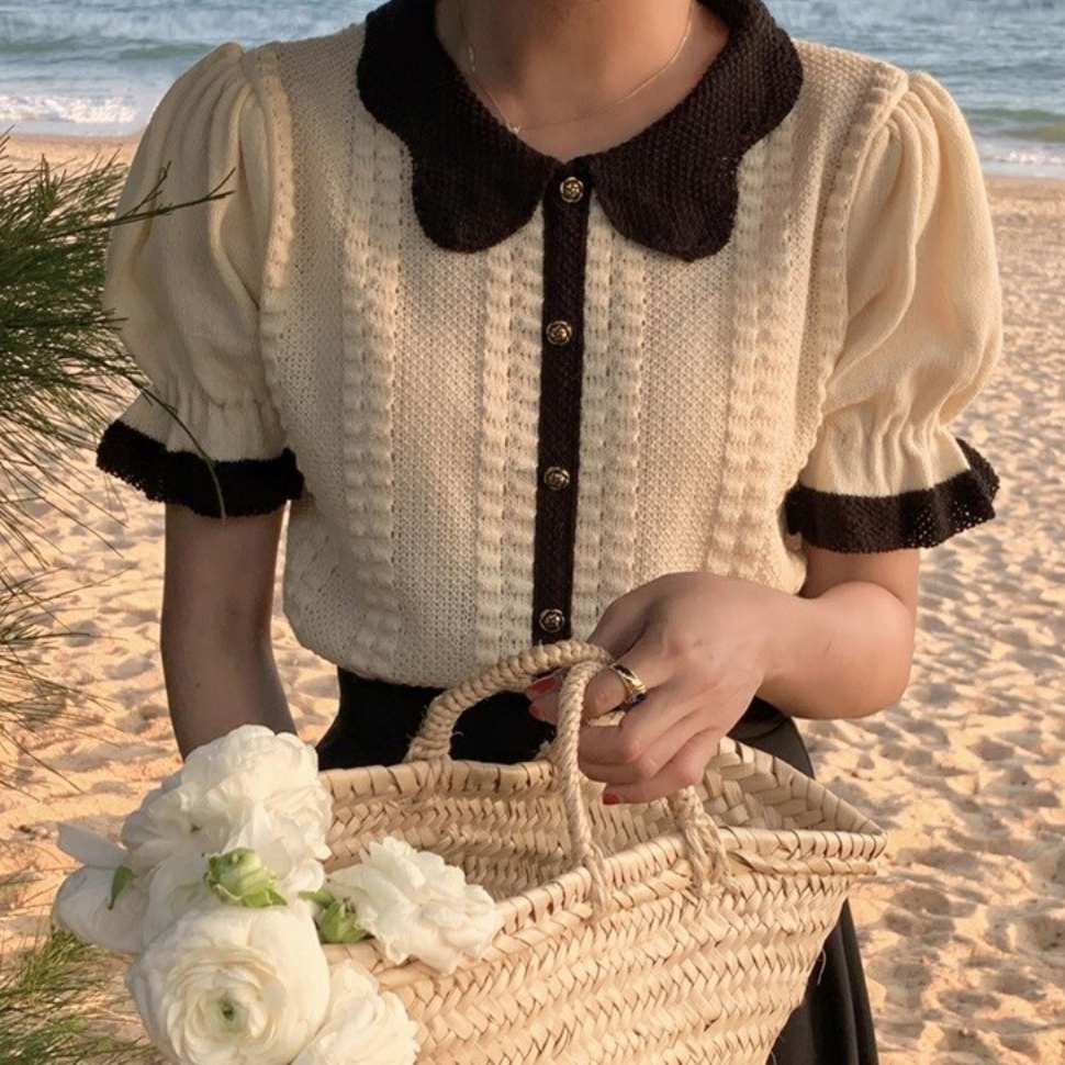 [Korean Style] Contrast Color Collared Crochet Crop Knit Top