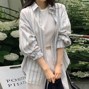 [Korean Style] Loose Fit Long Sleeve Stripe Button Down Shirt