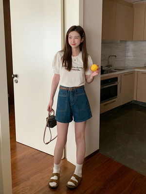 [Korean Style] Retro High Waist Pocket Denim Shorts