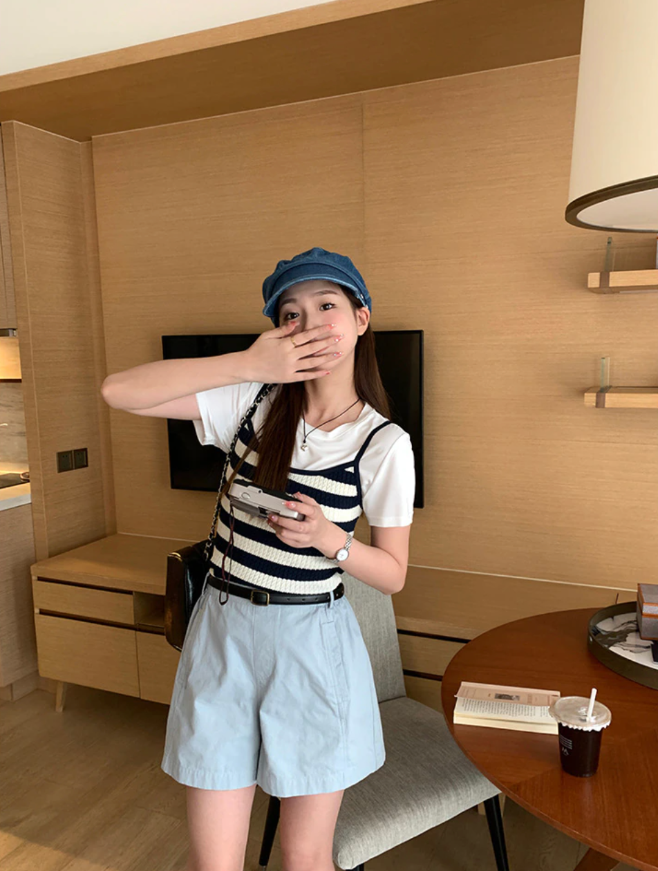 [Korean Style] Round Neck T-shirt Stripe Knit Cami 2 pc Set