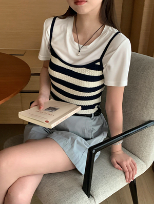 [Korean Style] Round Neck T-shirt Stripe Knit Cami 2 pc Set