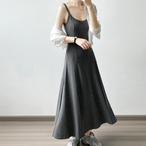[Korean Style] Solid Color Lightly Padded Casual Maxi A-line Dress