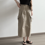 [Korean Style] Solid Color High Waist Drawstring Midi Cargo Skirt