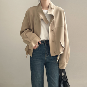 [Korean Style] High Quality Drawstring Standing Collar Jacket Crop Jacket