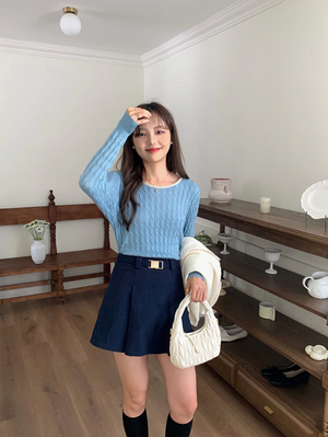 [Korean Style] Contrast Color Round Neck Pullover Long Sleeve Knit Top
