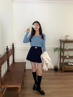 [Korean Style] Vintage Style Buckle Belted Corduroy A-Line Pleated Short Skirt