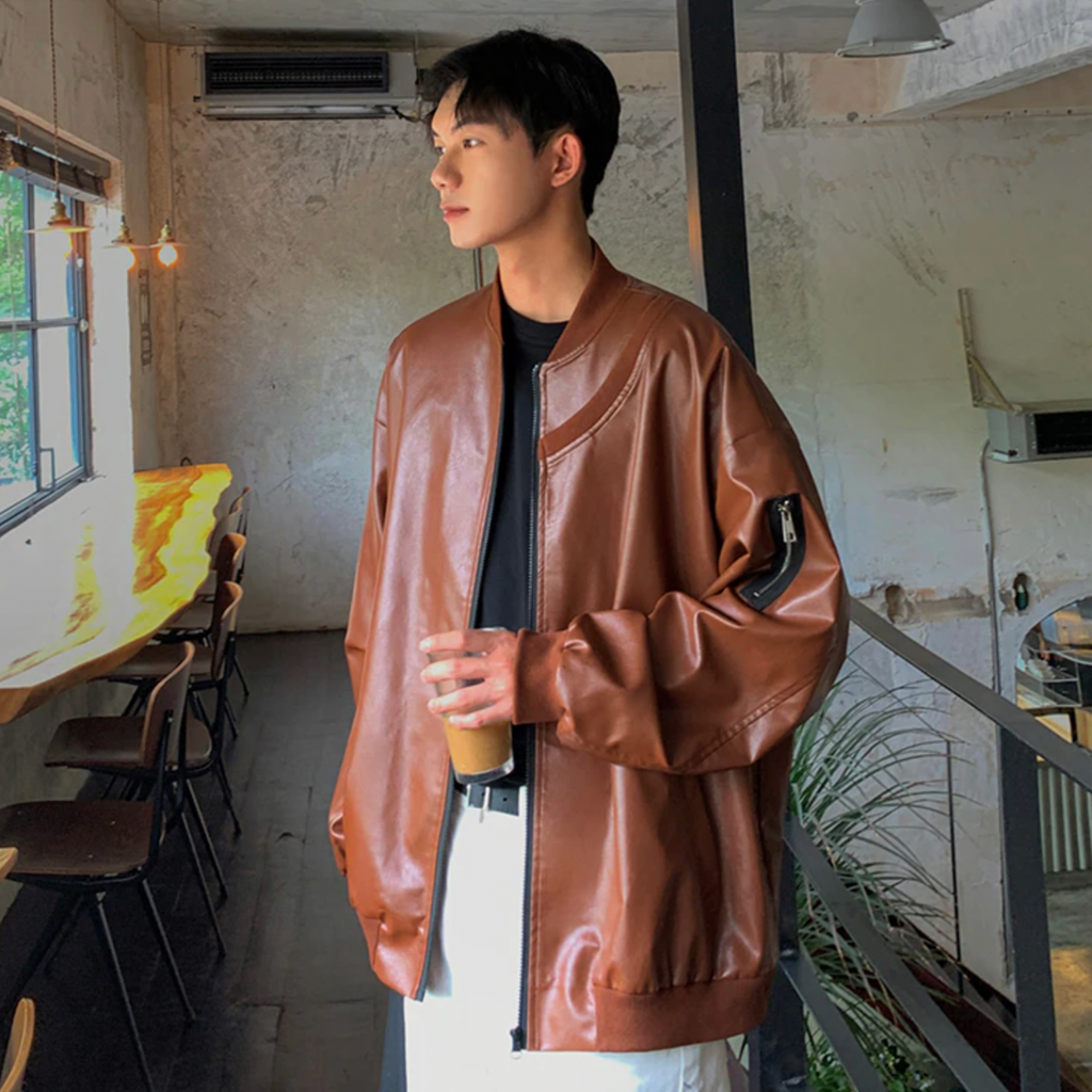 [Korean Style] 3 Colors Oversized PU Leather Bomber Jackets