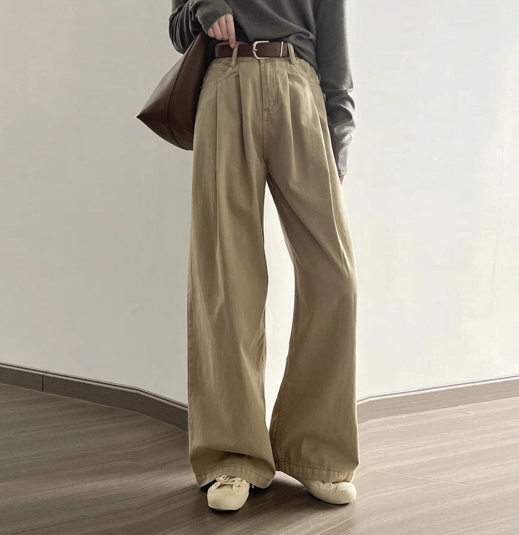 Korean Style] High Waist Hook Pleated Wide Leg Jeans - ShopperBoard
