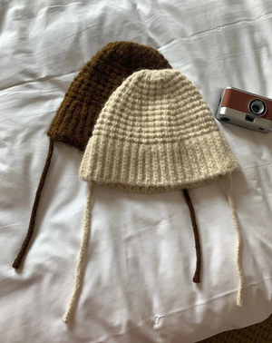 [Korean Style] Solid Color Winter Cozy Knit Beanie w Drawstrings