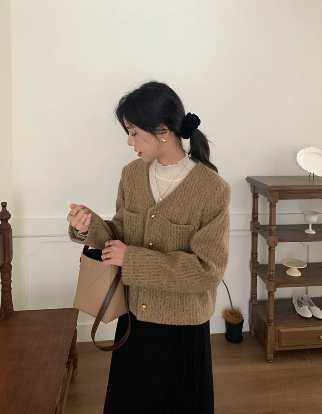 [Korean Style] Khaki Loose Fit Cropped Collarless Jacket
