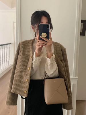 [Korean Style] Khaki Loose Fit Cropped Collarless Jacket