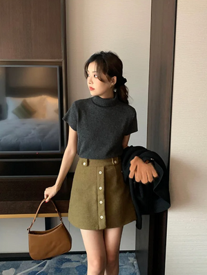 [Korean Style] High Waist Woolen Button A-Line Short Skirt