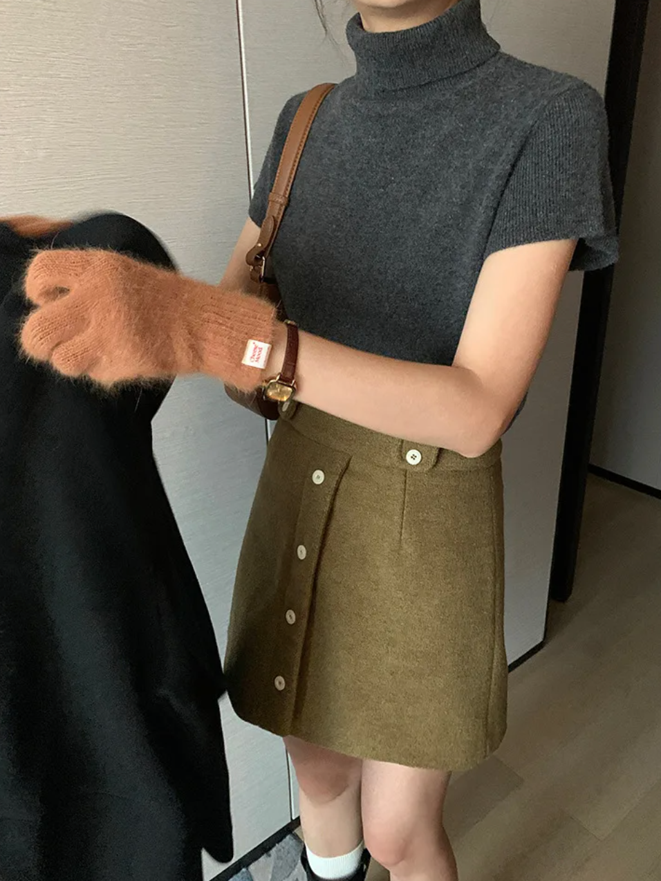 [Korean Style] High Waist Woolen Button A-Line Short Skirt