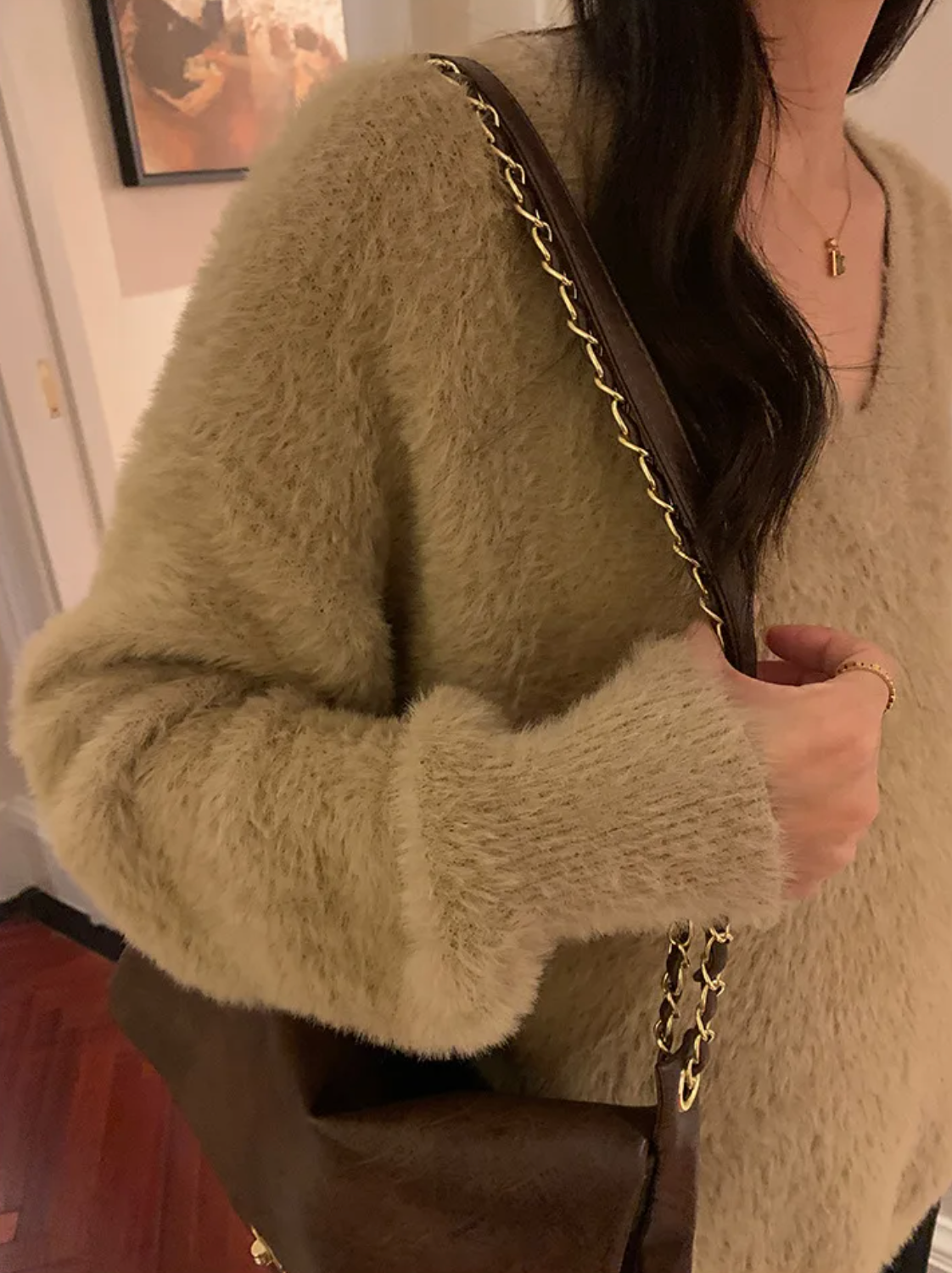 [Korean style] Solid Color Soft V-Neck Furry Sweater Pullover