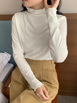 [Korean Style] Lettuce Edge High Collar Turtleneck Long Sleeve Basic T-Shirt