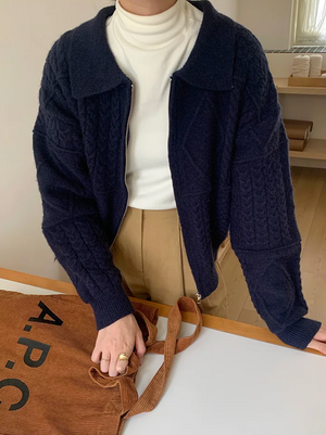 [ Korean Style] Solid Color Cozy Turn-down Zipper Collar Cable Knit Sweater