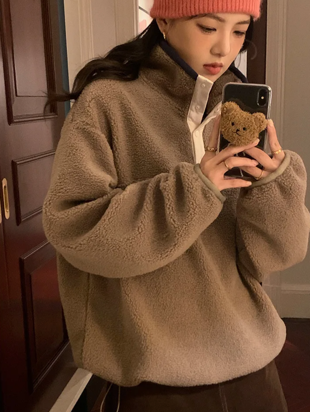 [Korean Style] Taupe Faux Lamb Wool Collared Pullover