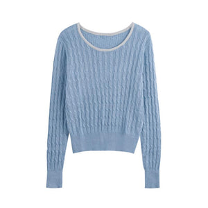 [Korean Style] Contrast Color Round Neck Pullover Long Sleeve Knit Top