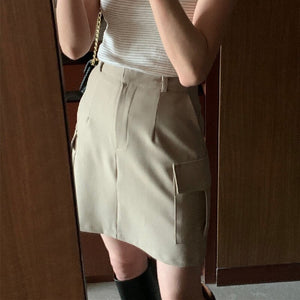 [Korean Style] High Waist Beige Black Cargo Pocket Short Skirt